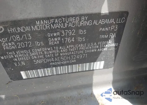 2013 Hyundai Elantra Gls из США, поврежденный, VIN 5NPDH4AE5DH324971